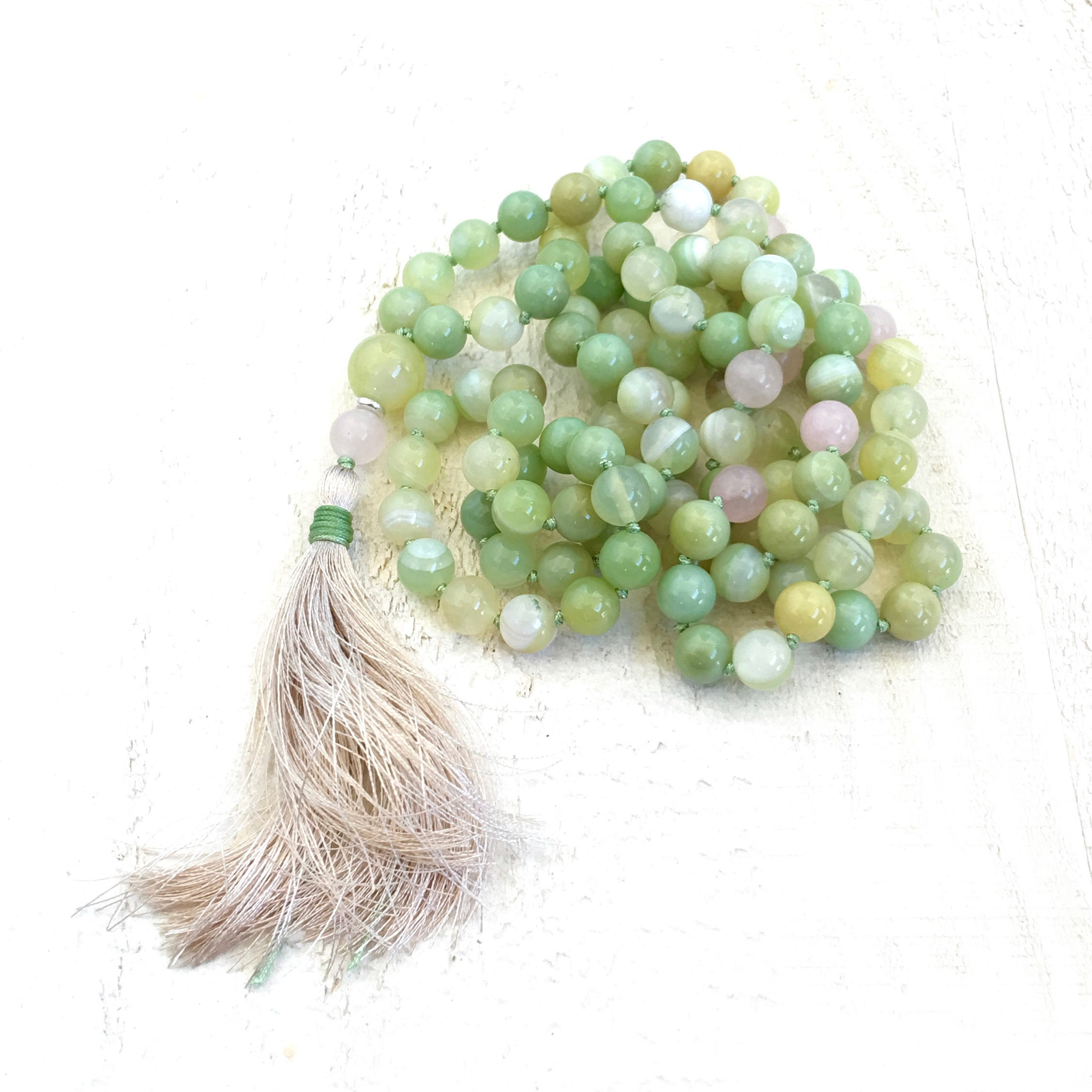 Buy Online 108 Semi Precious Green Agate-Rose Quartz Beaded Mala Necklace