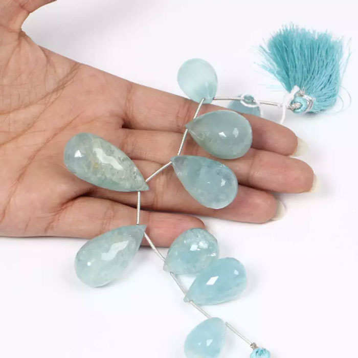 exporters of Aquamarine Side Drill Pear Drop Beads Strand for mala making